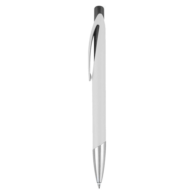 A plastic pen in white with silver accents, featuring a clip and a logo.
