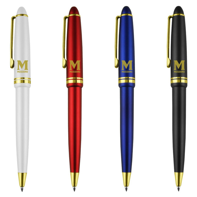 A set of four plastic pens in white, red, blue, and black, each featuring a gold logo.