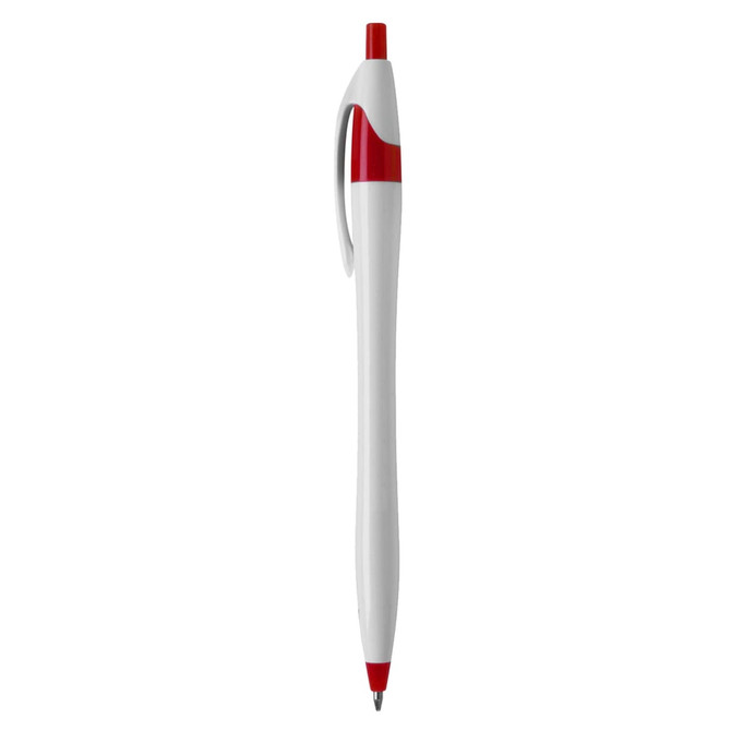 A plastic pen featuring a white body with red accents and a clip. It has a smooth tip for writing.