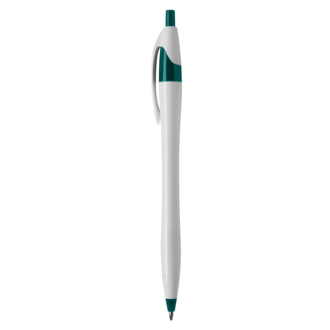 A plastic pen in white with a teal accent, featuring a clip and a logo.