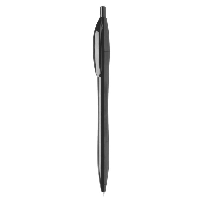 A plastic pen in black with a smooth design and a visible clip, featuring a logo on the barrel.