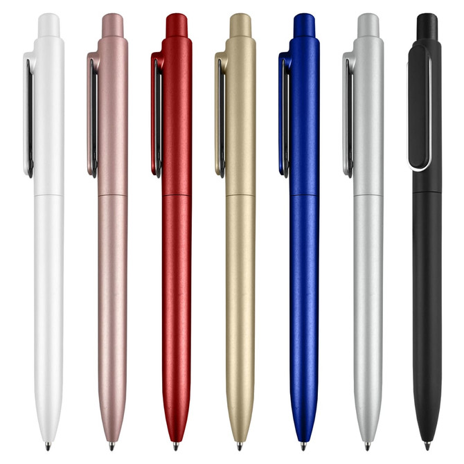 A collection of plastic pens in white, rose gold, red, gold, blue, silver, and black, featuring a logo on each.