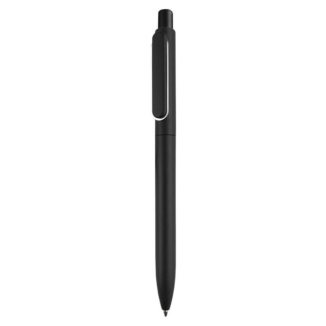 A black plastic pen with a clip, featuring a sleek design and a subtle branding logo.