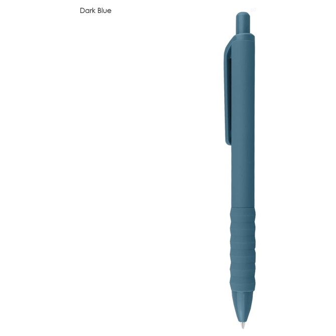A dark blue plastic pen with a ribbed grip and a clip, featuring a branding logo.