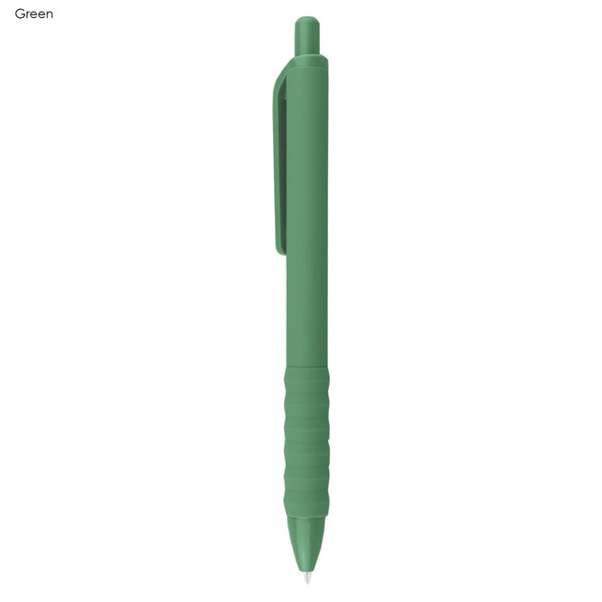 A green plastic pen with a textured grip and a clip for easy attachment. It features a branding logo.