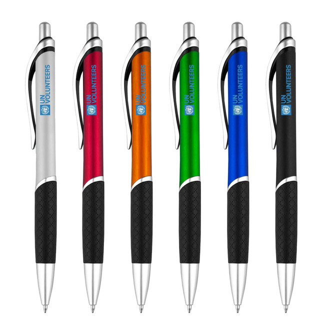 A collection of six plastic pens in silver, red, orange, green, blue, and black, each featuring a textured grip and a logo.