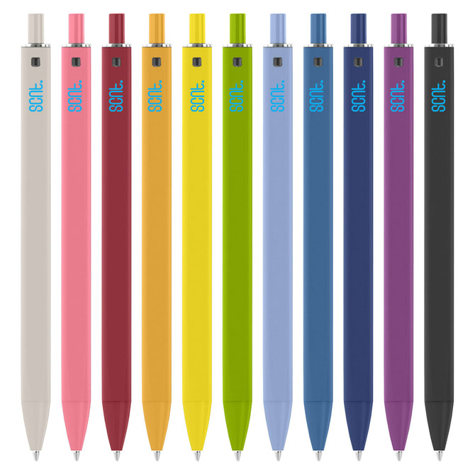 A collection of plastic pens in various colours, including white, pink, yellow, blue, green, red, and purple, with branding.