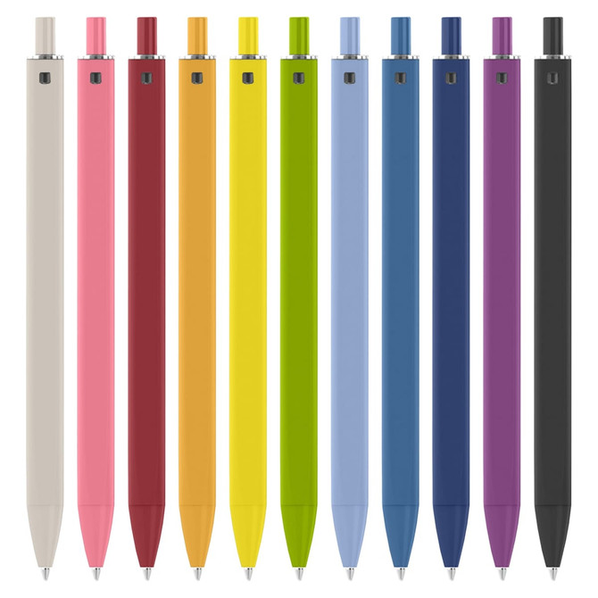 A collection of plastic pens in various colours including pink, orange, yellow, green, blue, purple, and black, with a logo.