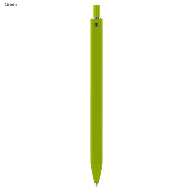 A bright green plastic pen with a sleek design and a logo on the barrel.