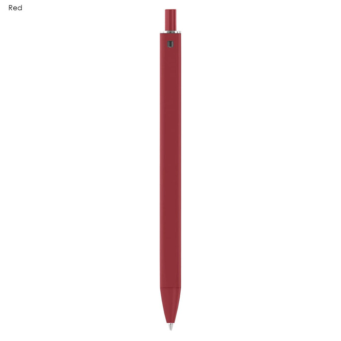 A red plastic pen with a sleek design and a logo near the top.