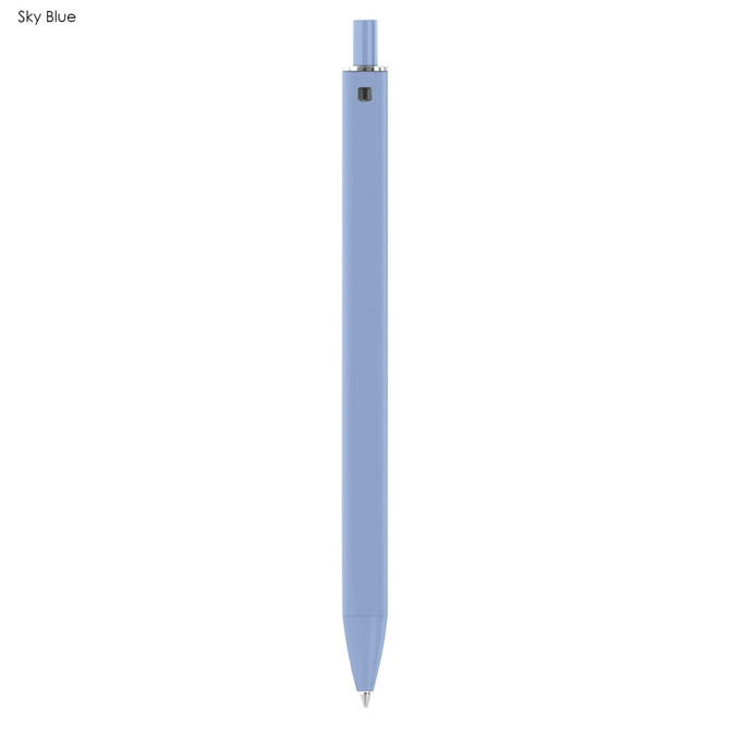 A plastic pen in sky blue with a shiny finish and a silver clip. It features a logo on the barrel.