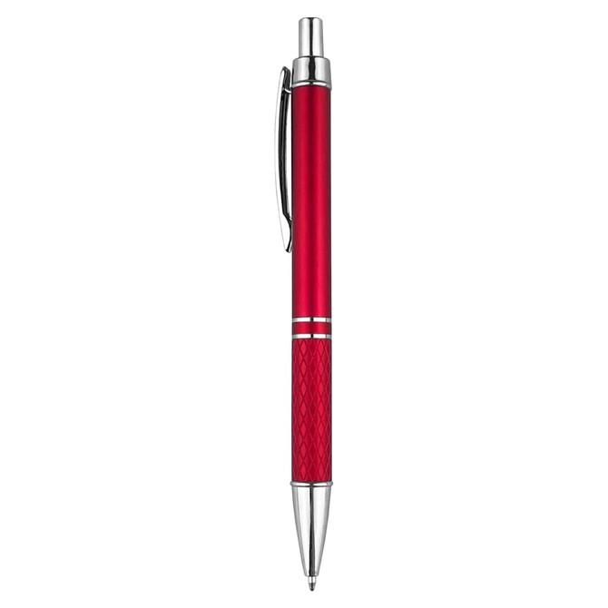 A red plastic pen with silver accents and a textured grip, featuring a logo.