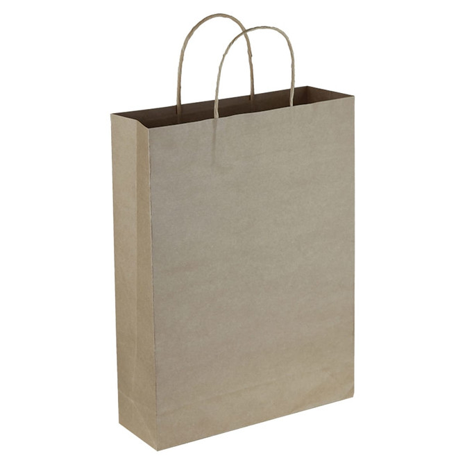 A brown paper trade show bag with two handles. The bag has a plain design and minimalistic features.