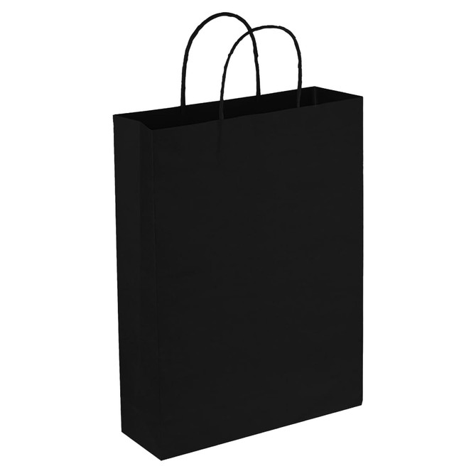 A black paper trade show bag with two handles and a minimalist design, suitable for promotional use.