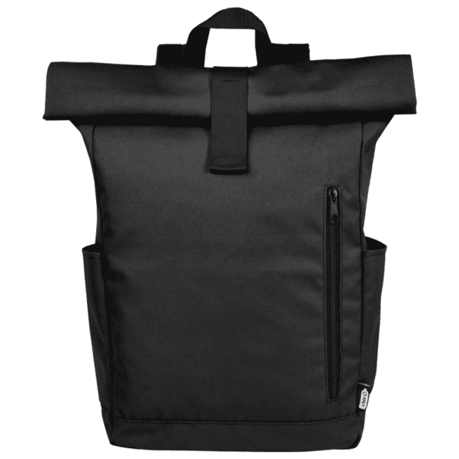 A black roll-top backpack made from GRS RPET material, featuring side pockets and a branding logo.