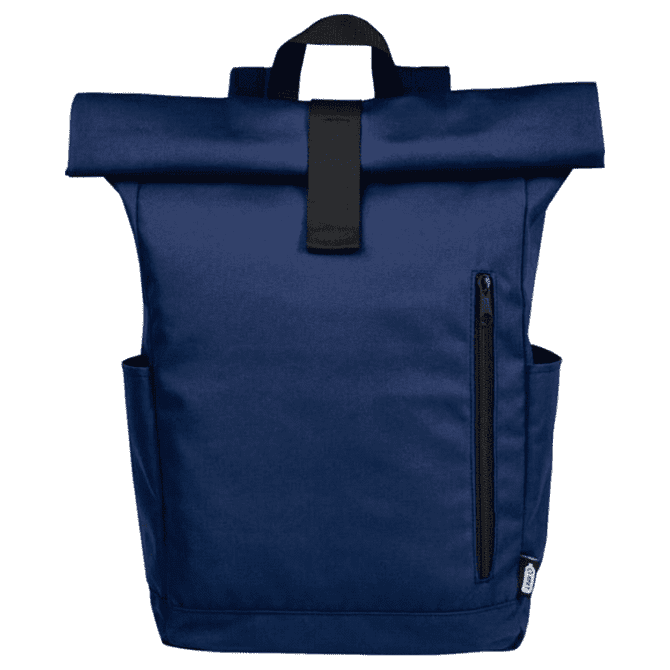 A navy blue roll-top backpack with a front zip pocket and side pockets, featuring a logo on the side.