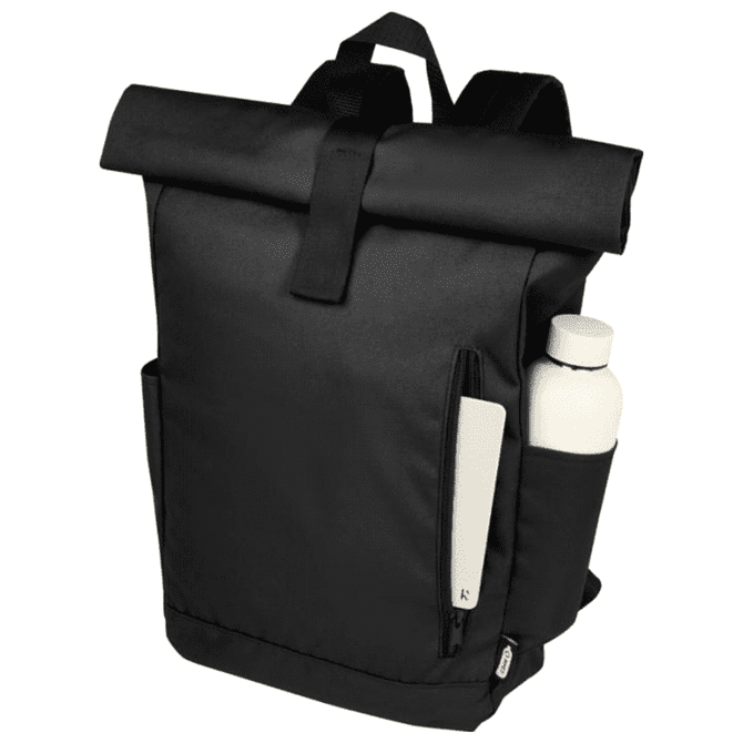 A black roll-top backpack with a zippered pocket and side pocket for a drink bottle. Features a logo on the front.