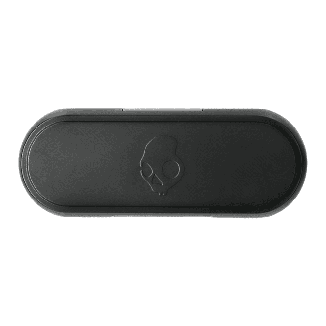 A black charging case for earbuds featuring a logo on the lid.