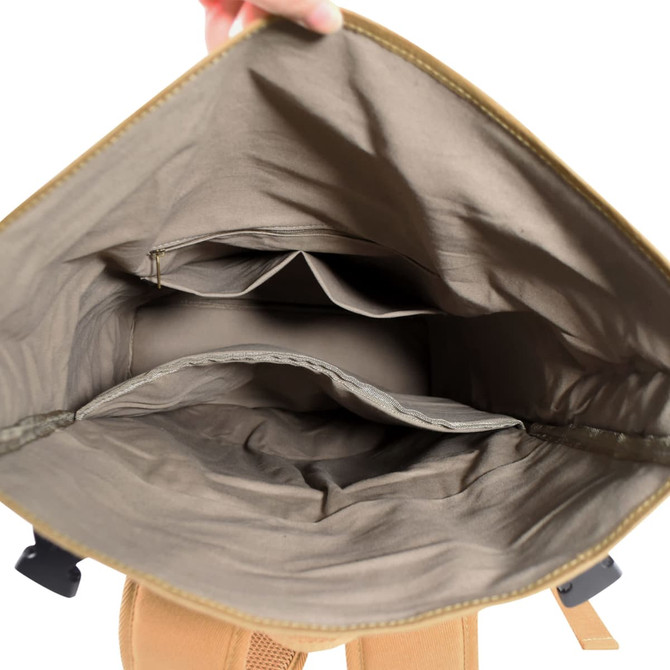 An open kraft paper laptop backpack with a spacious interior featuring compartments and a tan colour.