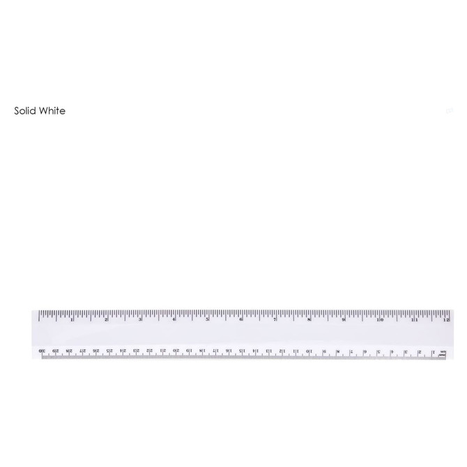 A 30cm solid white plastic ruler with black measurement markings and a logo on one end.