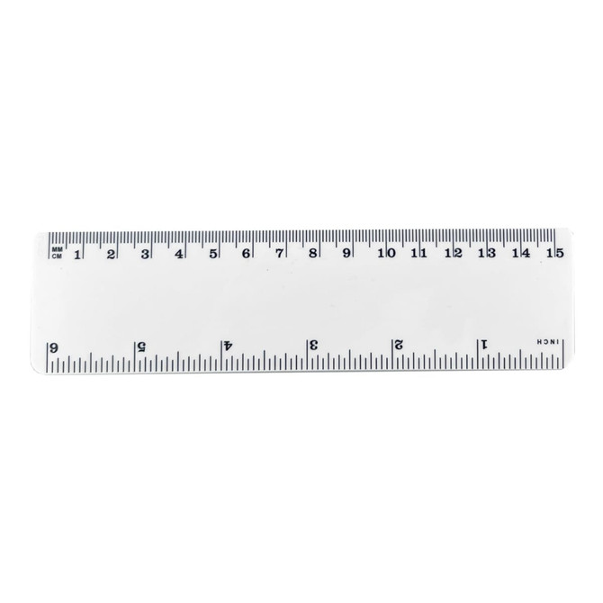A clear plastic ruler measuring 15cm with black markings for measurements. It has a logo in one corner.