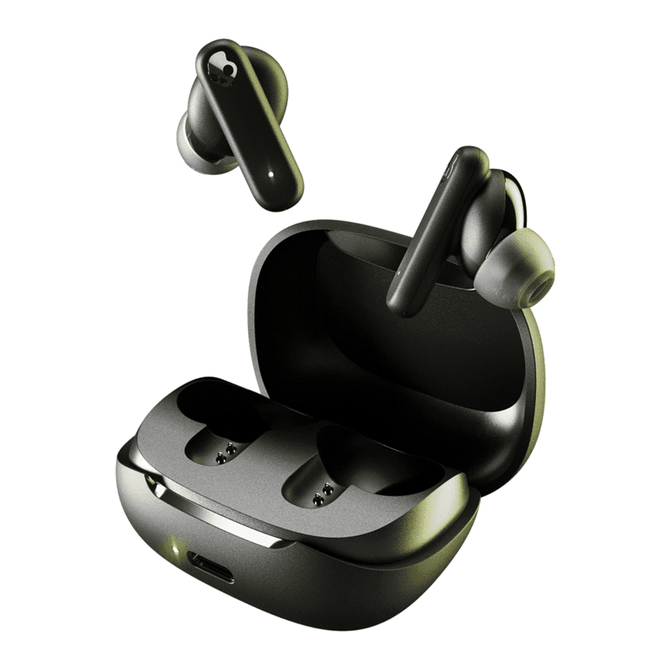 Wireless earbuds in black, displayed in their charging case. The case is slightly open, showing the earbuds inside.