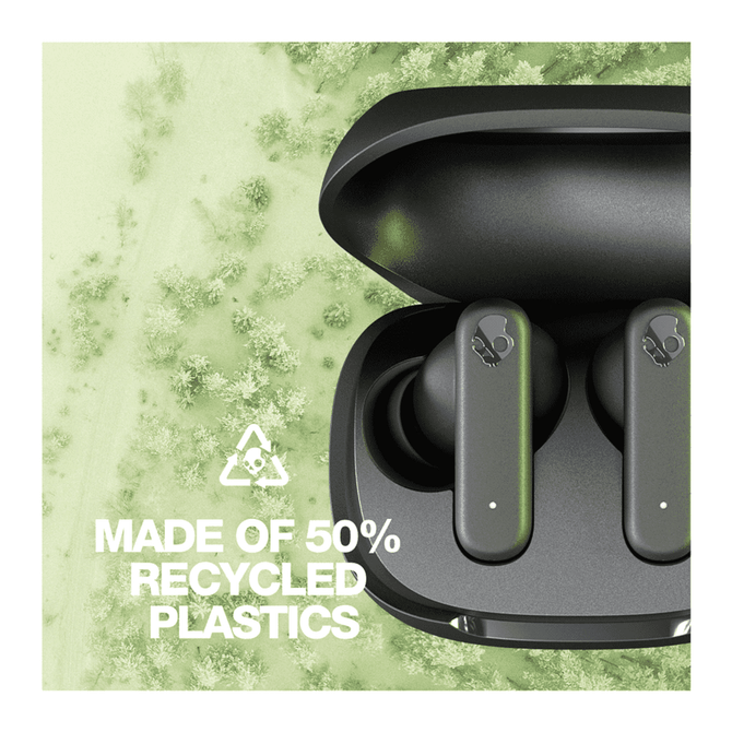 Black earbuds in a charging case, made from 50% recycled plastics, with a logo visible on the earbuds.