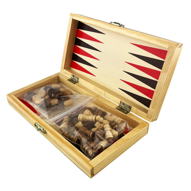 A wooden play case with a colourful interior, containing chess pieces and other game components.