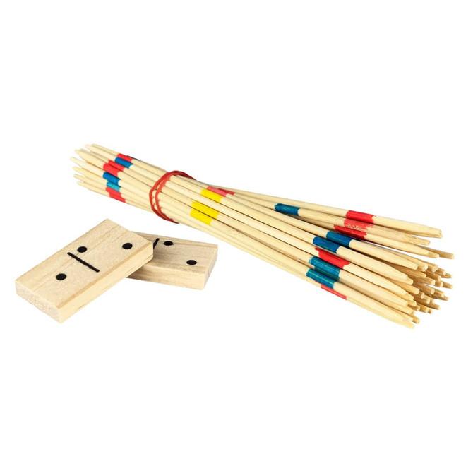 A set of colourful wooden picks and two wooden domino pieces, featuring black dots. The picks are bundled together.