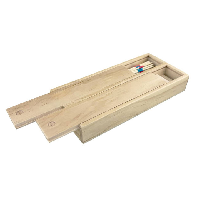A wooden play set featuring a sleek, light-coloured design with compartments for game pieces. It includes a branding logo.