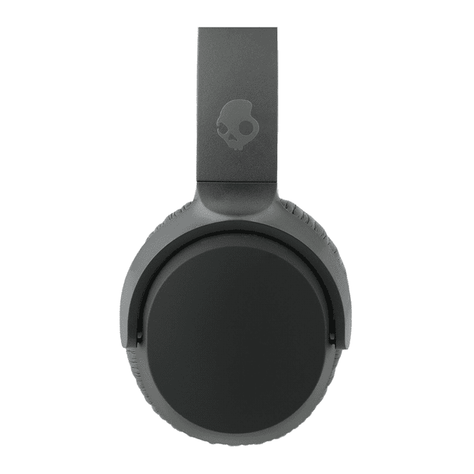 A pair of black wireless headphones with a circular earcup design and a logo on the headband.