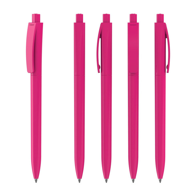 Five pink plastic pens, featuring a glossy finish and clip, displayed in various orientations. Each has a branding logo.