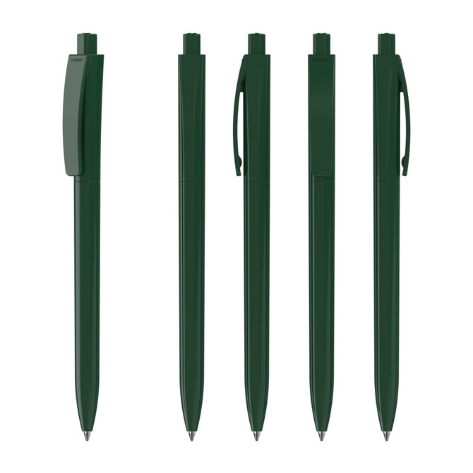 A set of green plastic pens arranged in a row, featuring a logo on one pen.