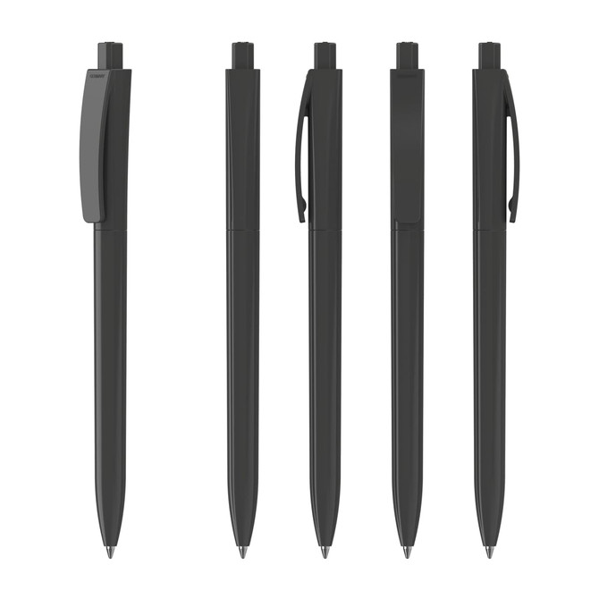 A set of black plastic pens displayed in various orientations, featuring a sleek, high-gloss finish and a logo.