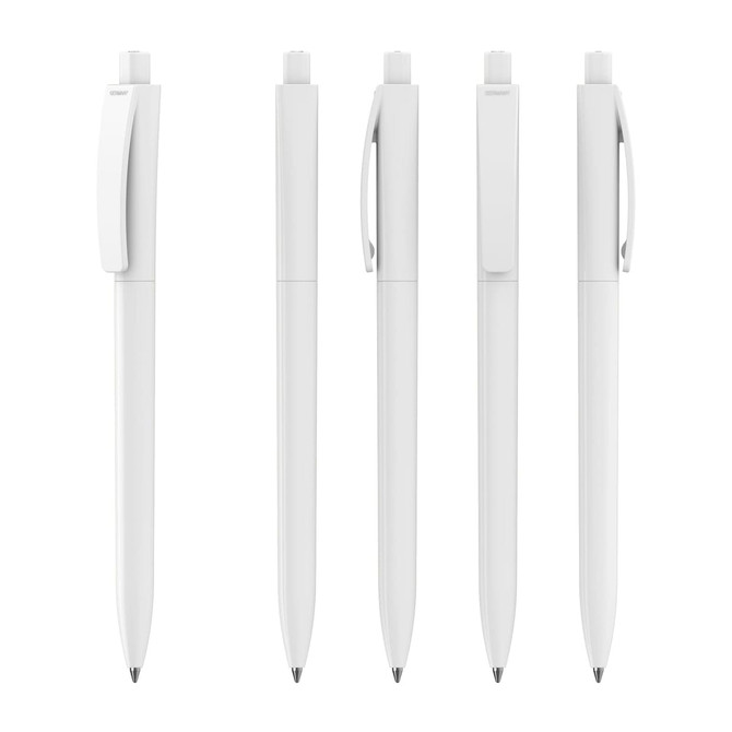 A set of five sleek white plastic pens with a clip and a glossy finish, featuring a simple design.