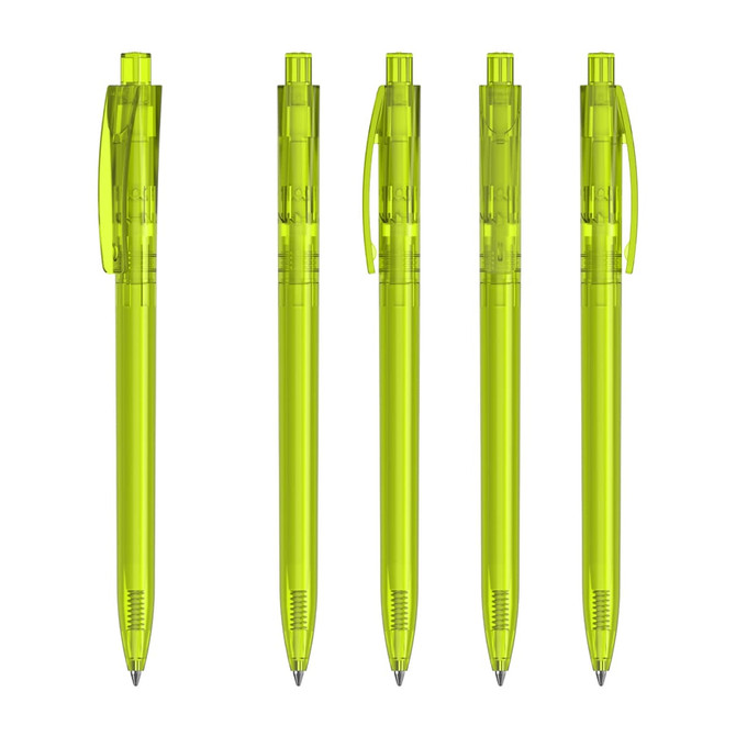 A set of five transparent green plastic pens with clips and retractable tips, featuring a logo on each pen.