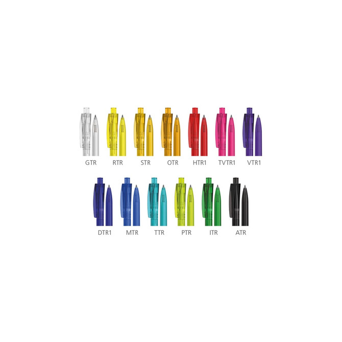 A collection of plastic pens in various colours, including clear, blue, green, yellow, orange, red, and black, with logos.