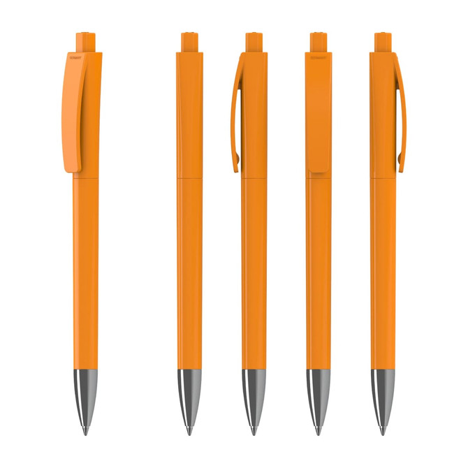 Five plastic pens in vibrant orange with silver tips and clips, arranged in a row. Each pen features a logo.