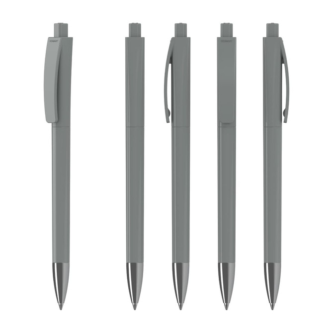 A set of five high-gloss grey plastic pens with chrome accents, featuring a logo on each pen.