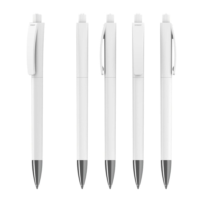 A set of five plastic pens in white with silver accents, featuring branding on the body.
