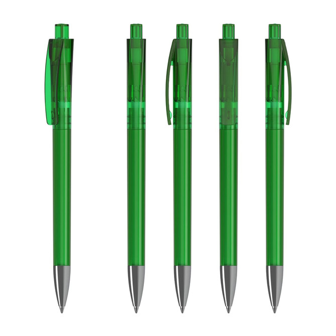 Five transparent green plastic pens with silver tips and clips, featuring a sleek design. Each pen has a cap.