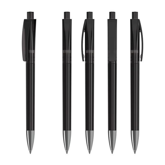 Five black plastic pens with transparent grips and silver tips, featuring a clip and branding.