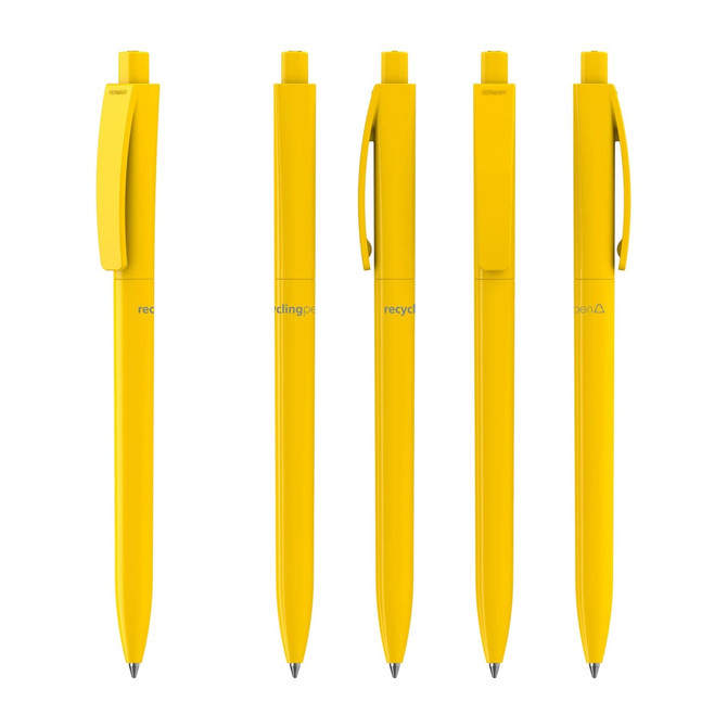 Five yellow plastic pens arranged in a line, featuring a logo and a streamlined design.