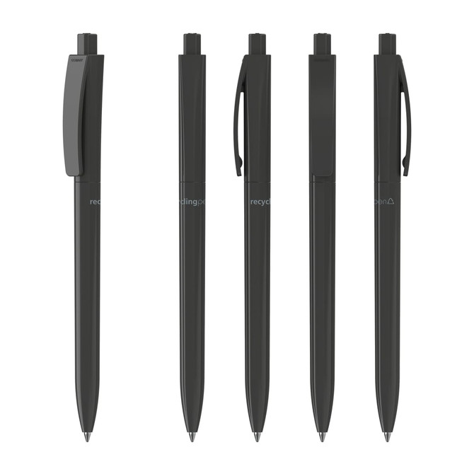 Five black plastic pens arranged in a row, each with a different clip style. The pens have a simple design and some feature branding.