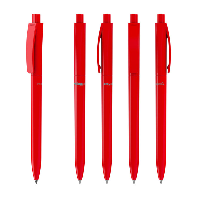 A set of five red plastic pens with a clip, featuring a logo.