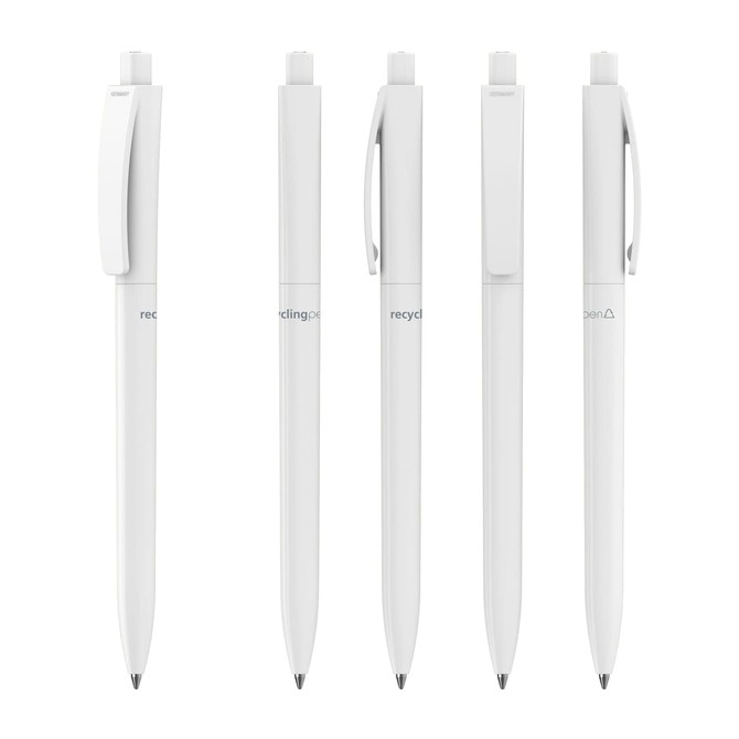 A set of five white plastic pens with sleek designs, featuring varied clip styles and a logo on some.