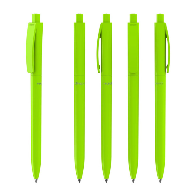 Five bright green plastic pens featuring a clip and smooth barrel, designed for writing. The product has a logo displayed.