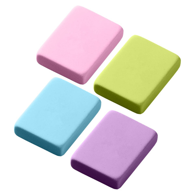 Four rectangular rubber erasers in pink, green, blue, and purple, arranged in a grid pattern. Each eraser has a smooth surface.