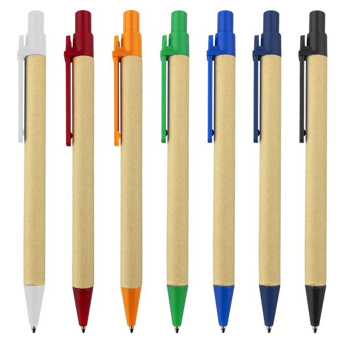 A set of eight recycled cardboard pens in white, red, orange, green, blue, and black. Each has a matching clip.
