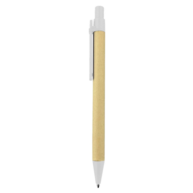 A recycled cardboard pen with a beige barrel and white clip. Features a logo on the body.